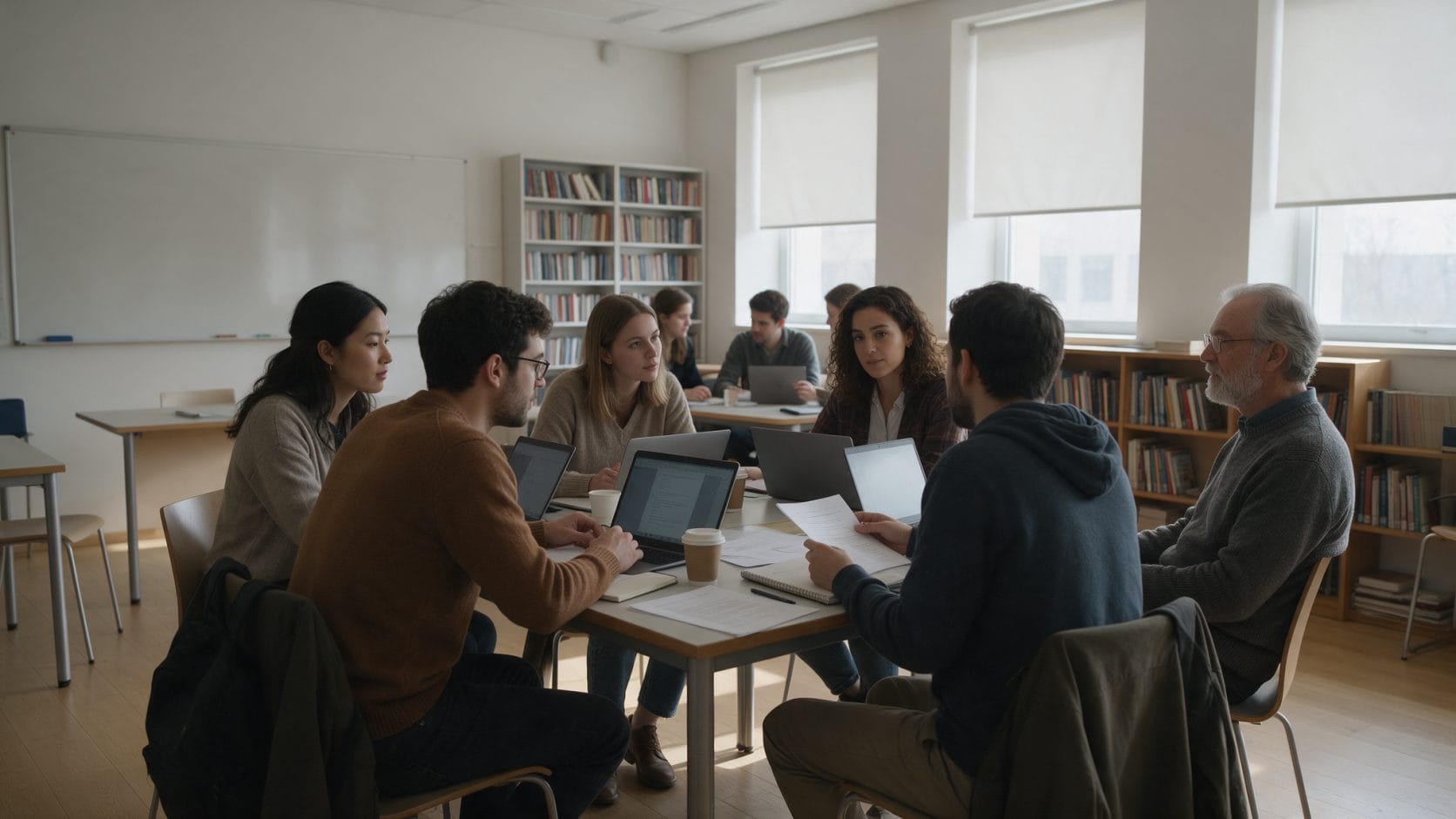 Modern bir üniversitenin seminer odasında profesörle tartışan yüksek lisans öğrencileri: yurtdışında yüksek lisans ve MBA