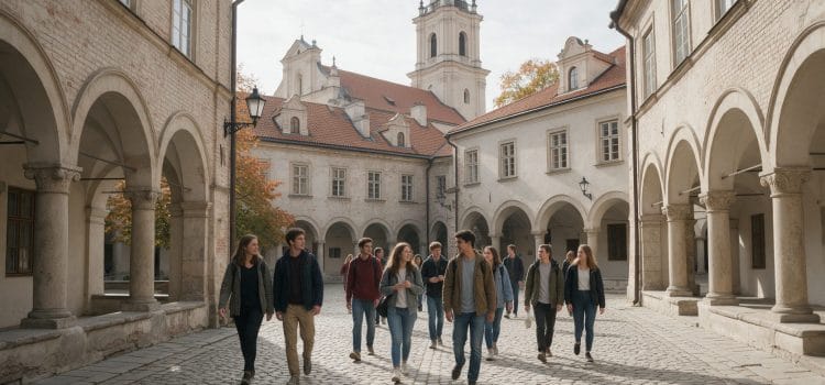 Vilnius Üniversitesi'nin tarihi avlusunda yürüyen uluslararası öğrenciler: Litvanya'da üniversite okumak