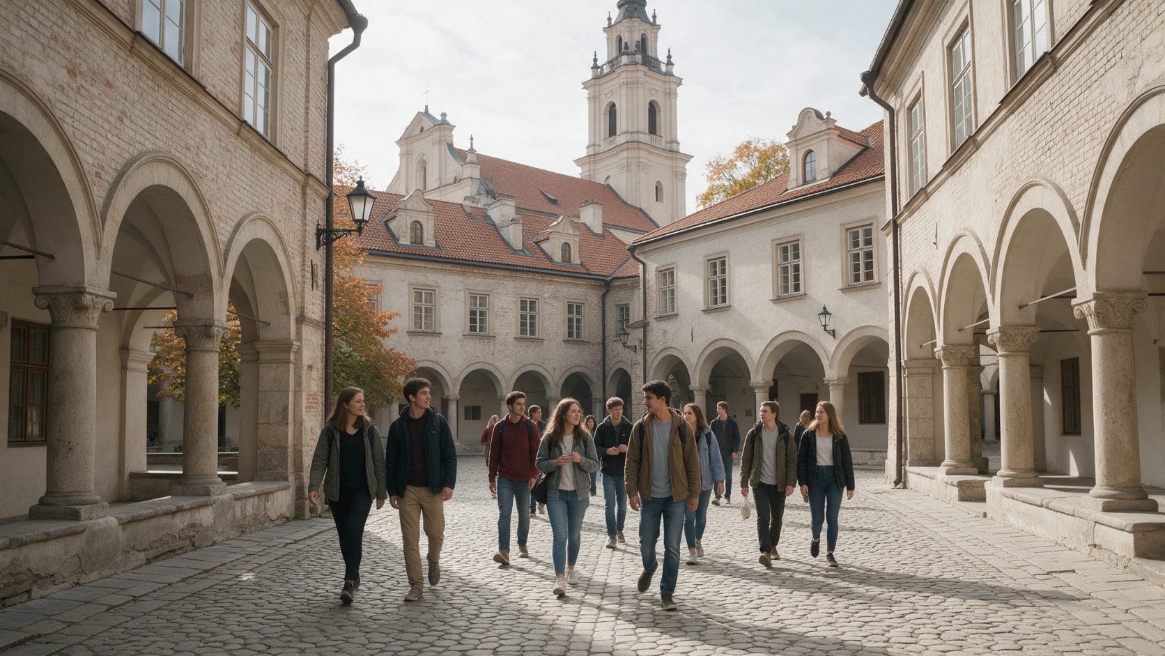 Vilnius Üniversitesi'nin tarihi avlusunda yürüyen uluslararası öğrenciler: Litvanya'da üniversite okumak