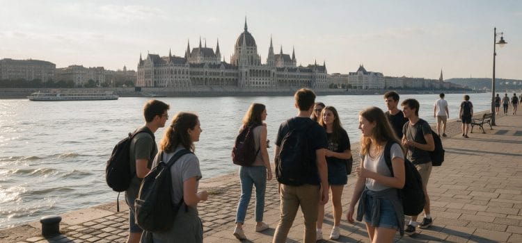 Budapeşte'de Tuna kıyısında Parlamento binası manzarasıyla sohbet eden öğrenciler: Macaristan'da üniversite okumak