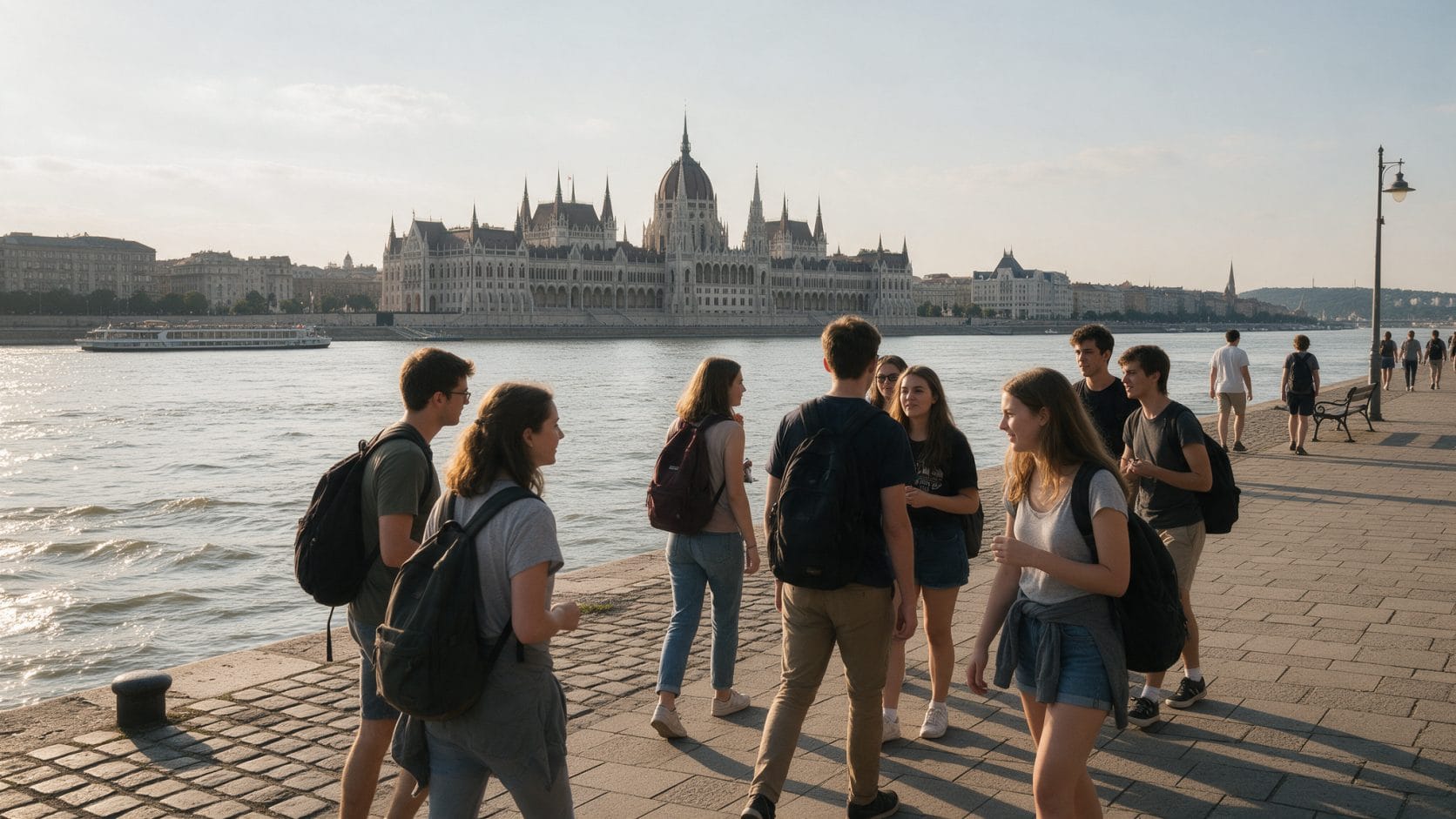 Budapeşte'de Tuna kıyısında Parlamento binası manzarasıyla sohbet eden öğrenciler: Macaristan'da üniversite okumak