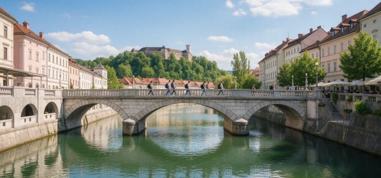 Ljubljana'da nehir üzerindeki köprüden geçen öğrenciler ve tepedeki kale: Slovenya'da üniversite okumak