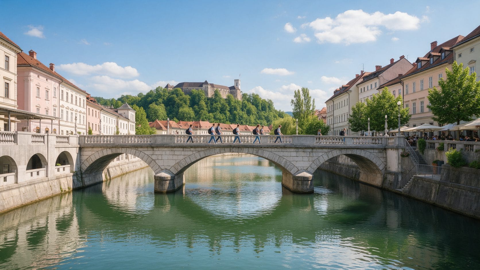 Ljubljana'da nehir üzerindeki köprüden geçen öğrenciler ve tepedeki kale: Slovenya'da üniversite okumak