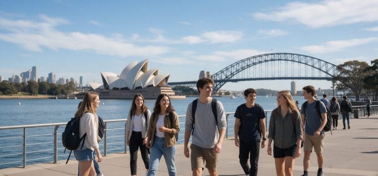 Sydney Opera Binası ve Harbour Bridge önünde yürüyen uluslararası öğrenciler: Avustralya'da üniversite okumak