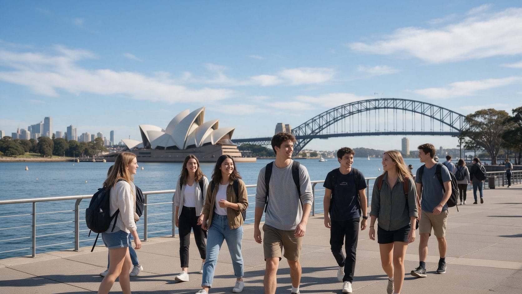 Sydney Opera Binası ve Harbour Bridge önünde yürüyen uluslararası öğrenciler: Avustralya'da üniversite okumak