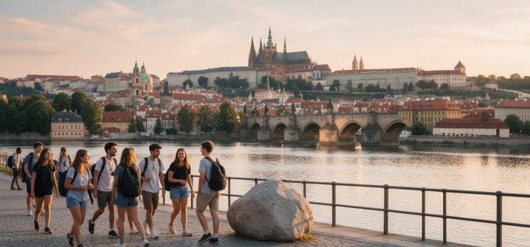 Prag'da Charles Köprüsü ve Prag Kalesi önünde uluslararası öğrenciler: Çekya'da üniversite okumak