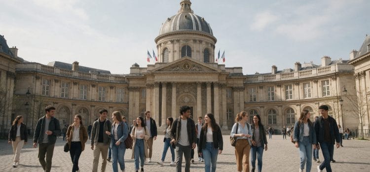 Paris'te tarihi kubbeli bir üniversite binasının önünde yürüyen öğrenciler: Fransa'da üniversite okumak