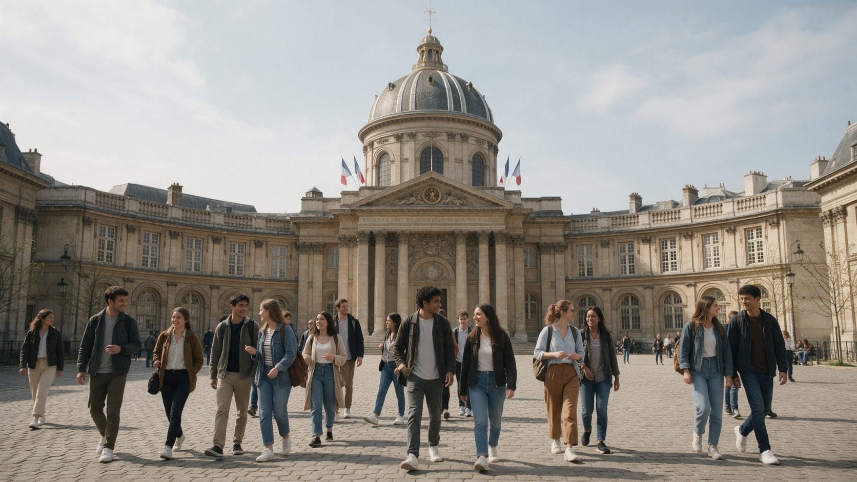 Paris'te tarihi kubbeli bir üniversite binasının önünde yürüyen öğrenciler: Fransa'da üniversite okumak
