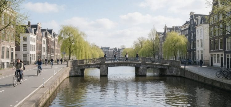 Amsterdam'da kanal köprüsünden geçen bisikletli ve yürüyen öğrenciler: Hollanda'da üniversite okumak
