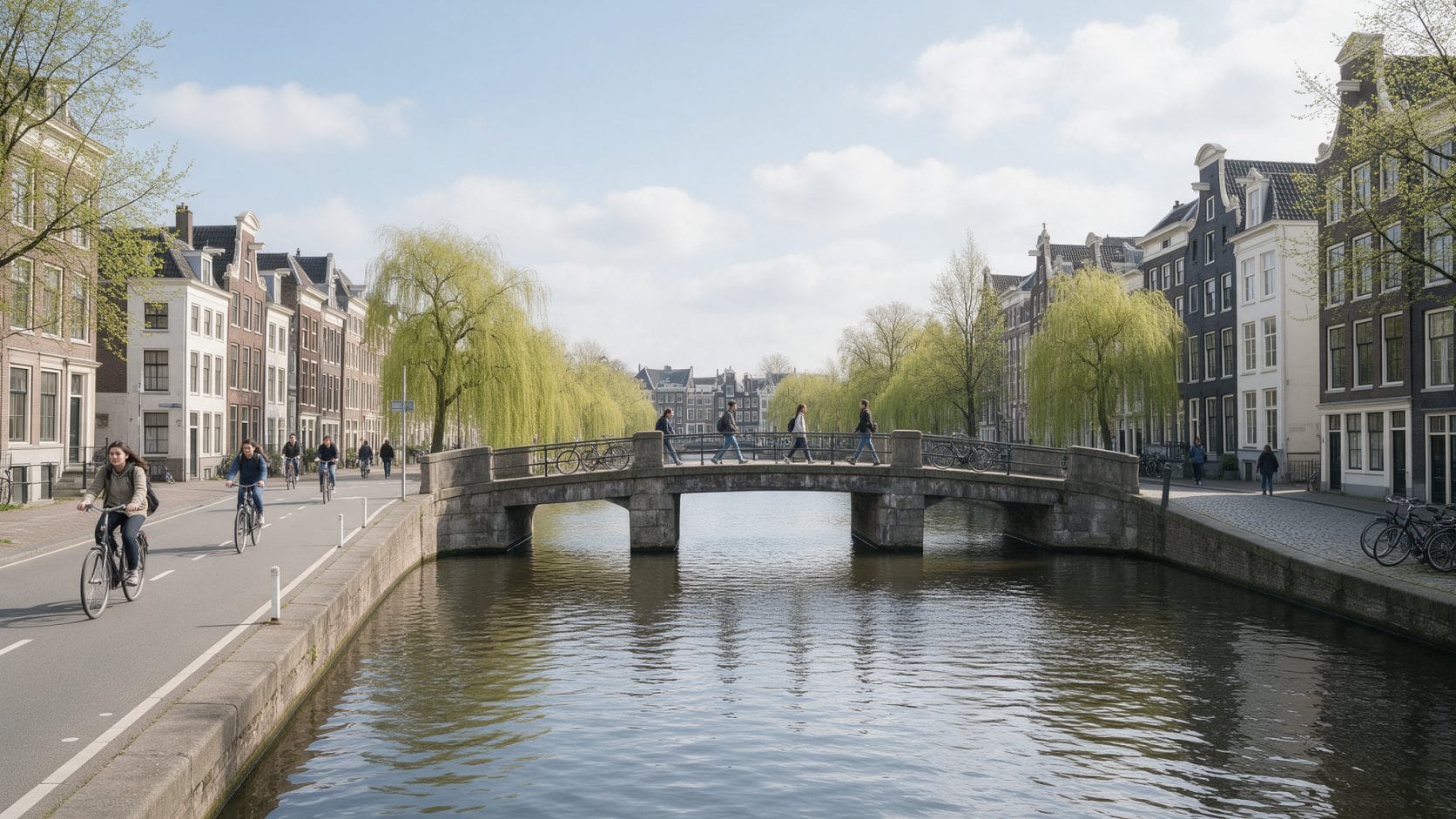 Amsterdam'da kanal köprüsünden geçen bisikletli ve yürüyen öğrenciler: Hollanda'da üniversite okumak