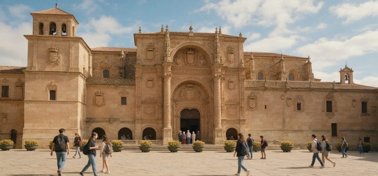 Salamanca Üniversitesi'nin tarihi cephesi önünde yürüyen öğrenciler: İspanya'da üniversite okumak