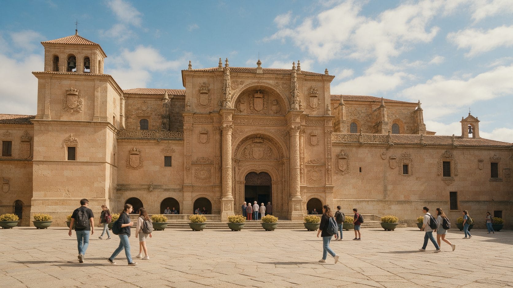 Salamanca Üniversitesi'nin tarihi cephesi önünde yürüyen öğrenciler: İspanya'da üniversite okumak