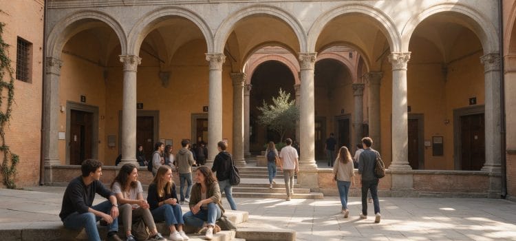 Bologna'da Rönesans dönemi bir üniversite avlusunun merdivenlerinde sohbet eden öğrenciler: İtalya'da üniversite okumak