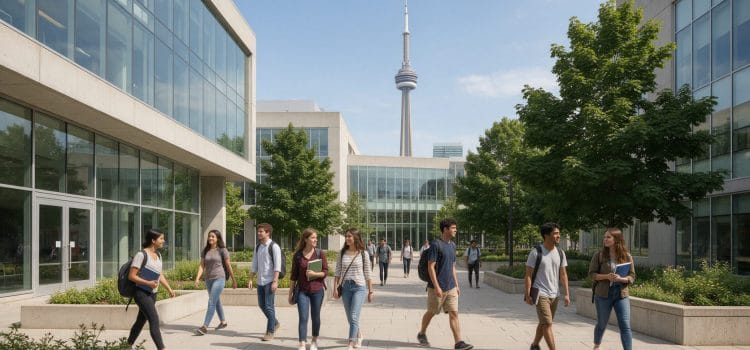 Toronto'da CN Kulesi manzaralı modern bir üniversite kampüsünde yürüyen öğrenciler: Kanada'da üniversite okumak