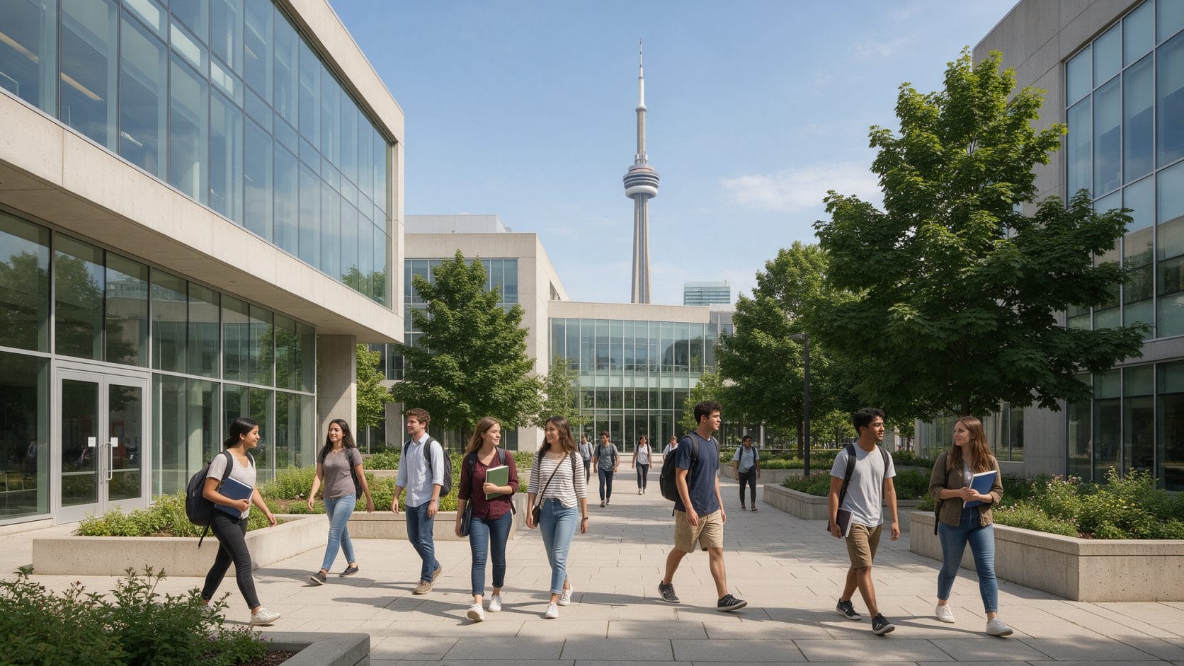 Toronto'da CN Kulesi manzaralı modern bir üniversite kampüsünde yürüyen öğrenciler: Kanada'da üniversite okumak
