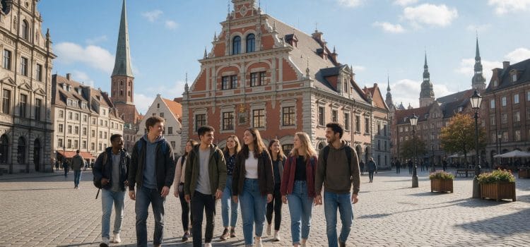 Riga'nın tarihi eski şehir meydanında yürüyen uluslararası öğrenciler: Letonya'da üniversite okumak