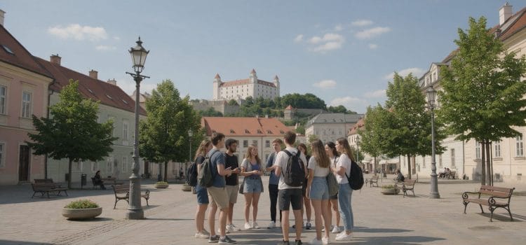 Bratislava'nın eski şehir meydanında kale manzarasıyla sohbet eden uluslararası öğrenciler: Slovakya'da üniversite okumak