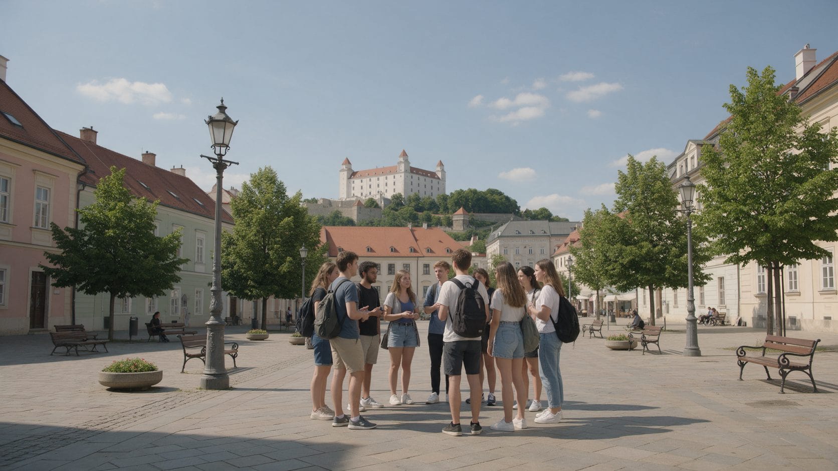 Bratislava'nın eski şehir meydanında kale manzarasıyla sohbet eden uluslararası öğrenciler: Slovakya'da üniversite okumak