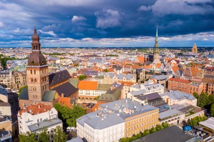 Beautiful aerial view of Riga, Latvia on a cloudy day