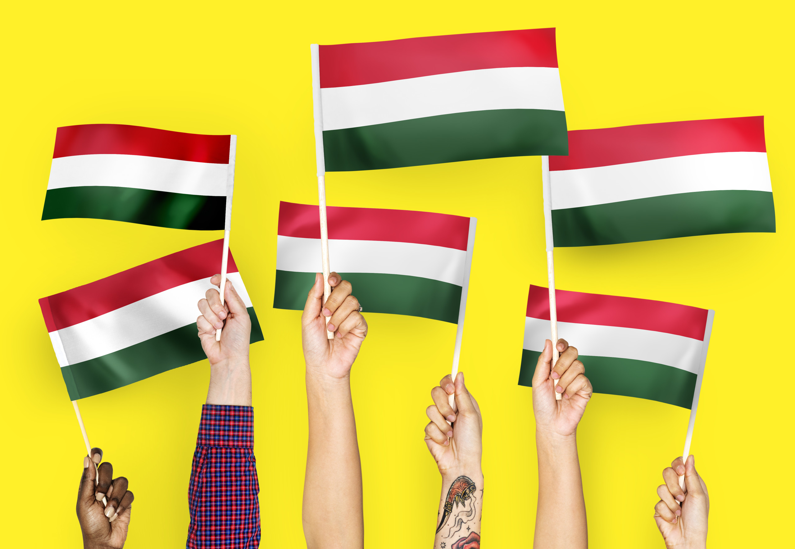 Macaristan bayrağı sallayan eller