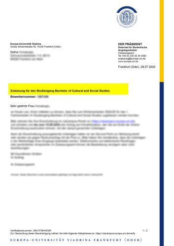 Europa-Universität Viadrina Kültürel ve Sosyal Çalışmalar Lisans Kabulü (İngilizce)