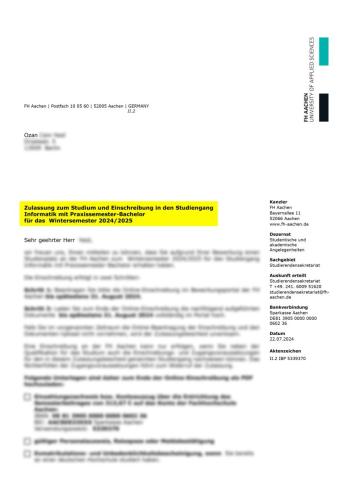 FH Aachen Informatik Lisans Kabulü