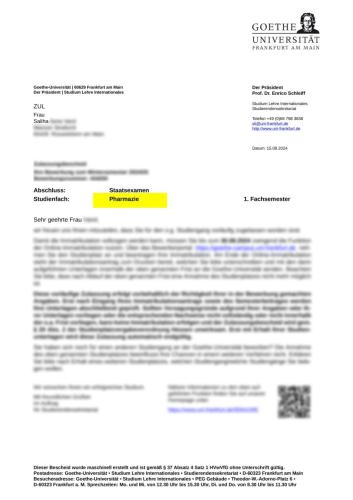 Goethe Universität Eczacılık Kabulü