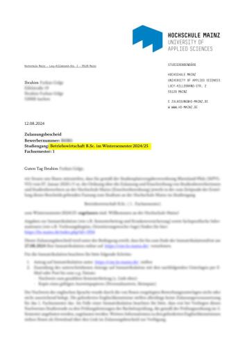 Hochschule Mainz Betriebswirtschaft B.Sc Lisans Kabulü