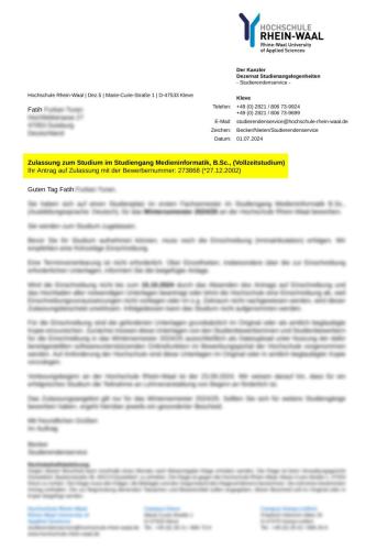 Hochschule Rhein-Waal Medya Informatik Lisans Kabulü
