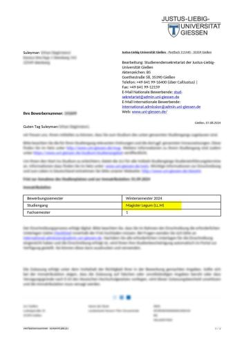 Justus-Liebig-Universität Gießen Hukuk Master Kabulü