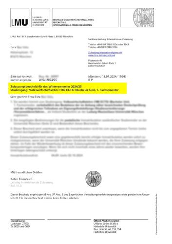 LMU Volkswirtschaftslehre (180 ECTS) (Bachelor Uni) Lisans Kabulü