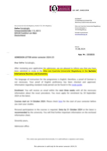 OttoWon Magdeburg Üniversitesi International Business and Economics Lisans kabulü