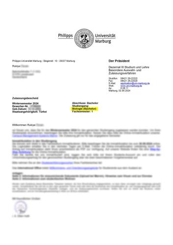 Philipps-Universität Marburg Biyoloji Lisans Kabulü