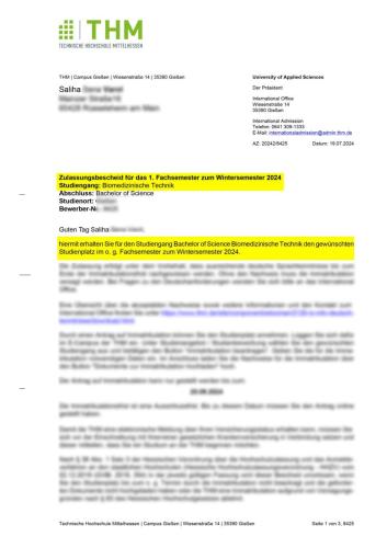 Technische Hochschule Mittelhessen Biomedizinische Technik Lisans Kabulü