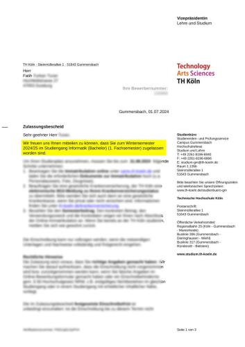 Th Köln Universitesi Informatik (Bachelor) Kabulü