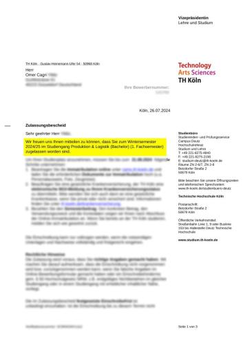 Th Köln Universitesi Produktion  Logistik (Bachelor) Kabulü