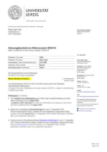 Universität Leipzig Fizik Lisans Kabulü