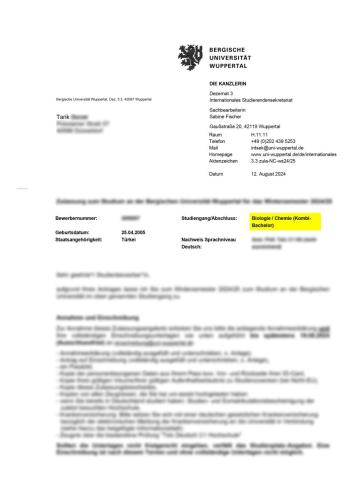 Wuppertal Universtesi Biologie Chemie (KombiBachelor) Kabulü