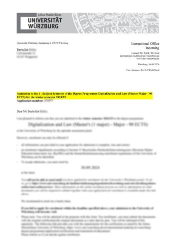Wuzburg Universitesi Programme Digitalization and Law Master Kabulü